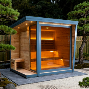 Sauna Exterior Impermeable Negra Moderna HELIUS para 4-6 Personas, Sauna Cuadrada Grande de Madera Maciza de Abeto - Product Image 1