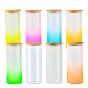 USA warehouse new 18oz Gradient Colorful Sandy Glass Transparent Frosted Clear Beer Can Glass Cups with Bamboo lids Sublimation