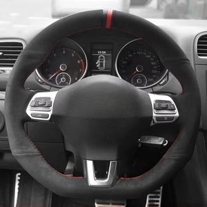 Protector personalizado para <span class=keywords><strong>volante</strong></span> de coche, ante negro para Volkswagen <span class=keywords><strong>Golf</strong></span> 6 GTI MK6 VW Polo GTI Scirocco R Passat CC r-line 2010 - Product Image 3