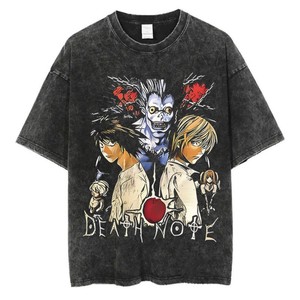 T-shirt lavata in stile retrò Harajuku, T-shirt con stampa anime <span class=keywords><strong>Death</strong></span> <span class=keywords><strong>Note</strong></span>, top streetwear oversize in cotone alla moda - Product Image 1