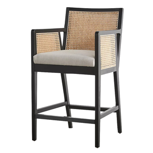 Silla de Bar Wilvo de Madera de Teca Sólida con Reposabrazos Fijos de Ratán, Diseño Moderno, Estilo Contemporáneo, Base de Metal, Muebles para Bar en Casa - Product Image 1