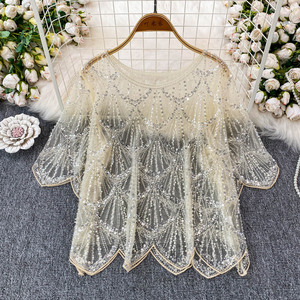 Boutique vente en gros 2025 été nouveau Design à la mode clou perle paillettes maille ample femmes T-<span class=keywords><strong>shirt</strong></span> - Product Image 4