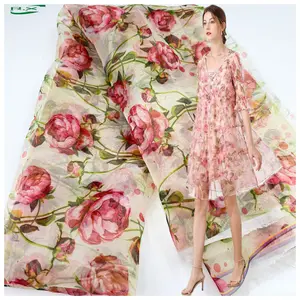 Vente en gros sur mesure Tissus en organza scintillant à imprimé floral en polyester de haute qualité pour robes