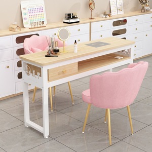 Table de manucure moderne en bois avec tiroir de rangement et chaise rose pour salon de beauté - Product Image 1