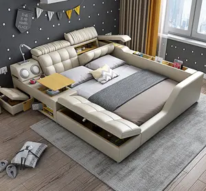 Cadre de lit plateforme en bois rond Tatami grand lit avec rangement moderne minimaliste en bois pliant gris chambre d'enfants lit grand vertical