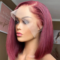 Wig Rambut Asli 99J Burgundy Piano Ginger Orange Warna Lace Front 250% Lurus Model Bob Pendek 13x4 Lace Frontal