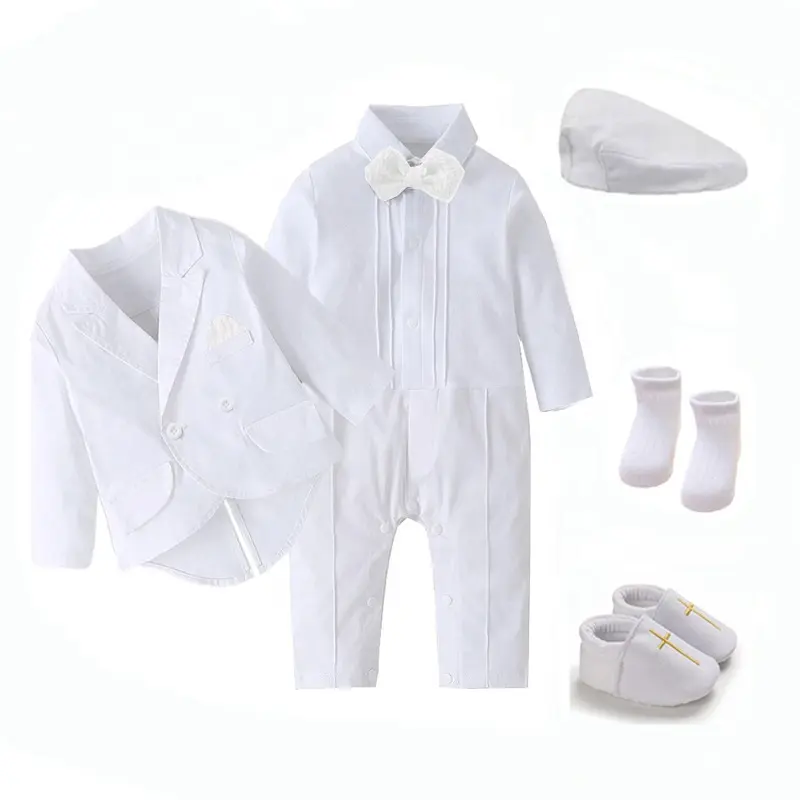 Abito da cerimonia bianco a maniche lunghe da 0 a 18 mesi Set da battesimo per bambini papillon tuta cappello calzini scarpe bambino ragazzo battesimo vestiti