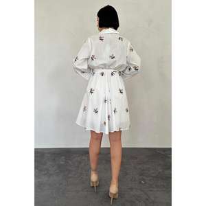 Wholesale Mustard Embroidered <b>Handkerchief</b> Dress Natural Waist Turn-down Collar Floral Print Shirt Dress Breathable Casual - Product Image 1