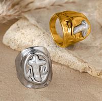 Gehämmerter Breiter Edelstahlring mit Perlen-Kreuz-Design Gold Silber Schmuck