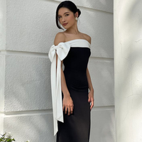 Robe tricotée sans bretelles pour femme, écologique, respirante, anti-plis, noire et blanche, avec nœud à l'épaule, dos nu et taille naturelle