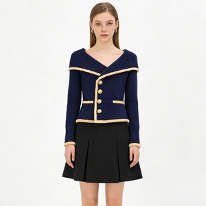 Cardigan en tricot pour femme à revers contrastant - Pull décontracté boutonné pour le bureau, tendance - Product Image 2