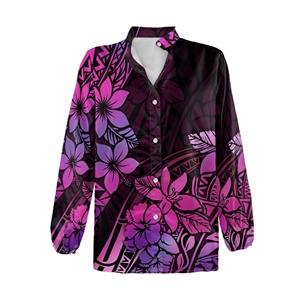 Chemisier personnalisé de style polynésien pour femme, col en V, chemise décontractée à manches longues, imprimé tropical hawaïen, hauts habillés d'été - Product Image 2