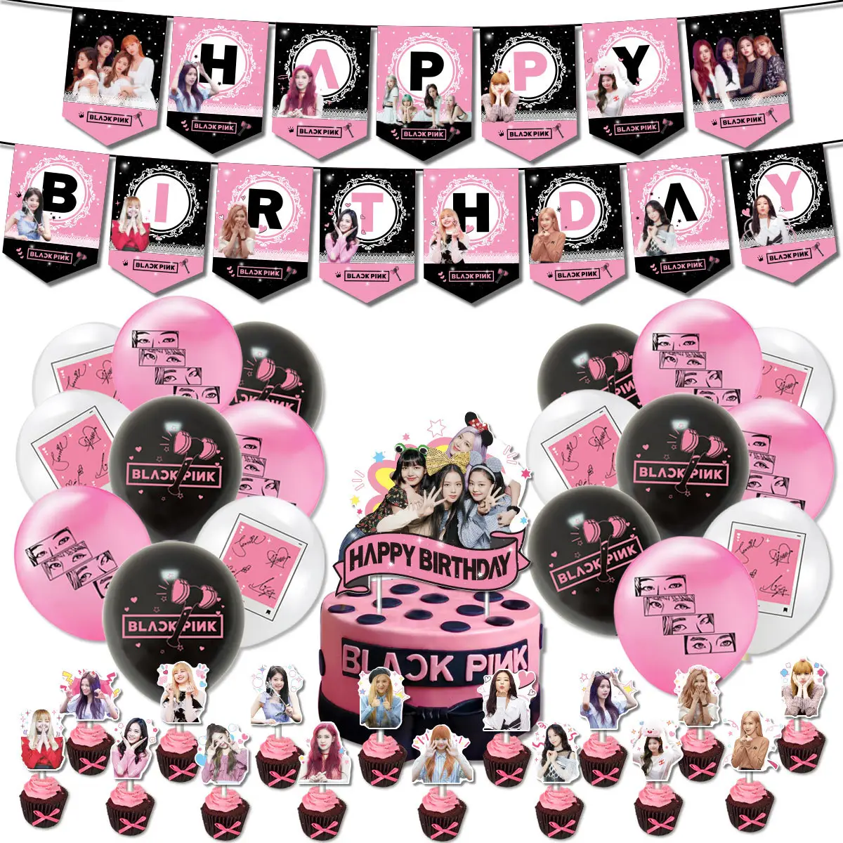 Лидер продаж на Amazon, тематическая вечеринка в честь Дня Рождения черно-розовой девочки, украшения, корейский баннер со звездами, набор воздушных шаров для торта