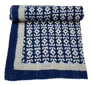 Couvre-lit Kantha élégant imprimé à la main, 90×108 pouces, taille double, couette en coton faite à la main avec motifs géométriques sophistiqués - Product Image 6