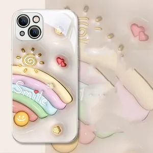 Sevimli karikatür telefon Iphone için kılıf 14 Pro Max OEM 3D baskı sıvı cam telefon kapak ile temperli cam kamera koruyucu