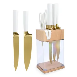 7 cuchillos de cocina elegantes de acero inoxidable con alto contenido de carbono, juego de cuchillos de chef de titanio dorado con bloque afilador incorporado