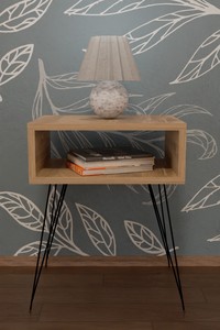 Wood Nightstand With Open Storage <b>Shelf</b> Metal Legs Midcentury Design Bedroom Furniture Chipboard Metal Bedroom Furniture - Product Image 2