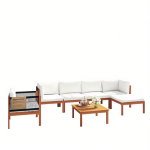 Ensemble de salon de jardin en bois d'acacia massif 6 places, mobilier d'extérieur moderne, finition naturelle, coussins blancs - Product Image 1