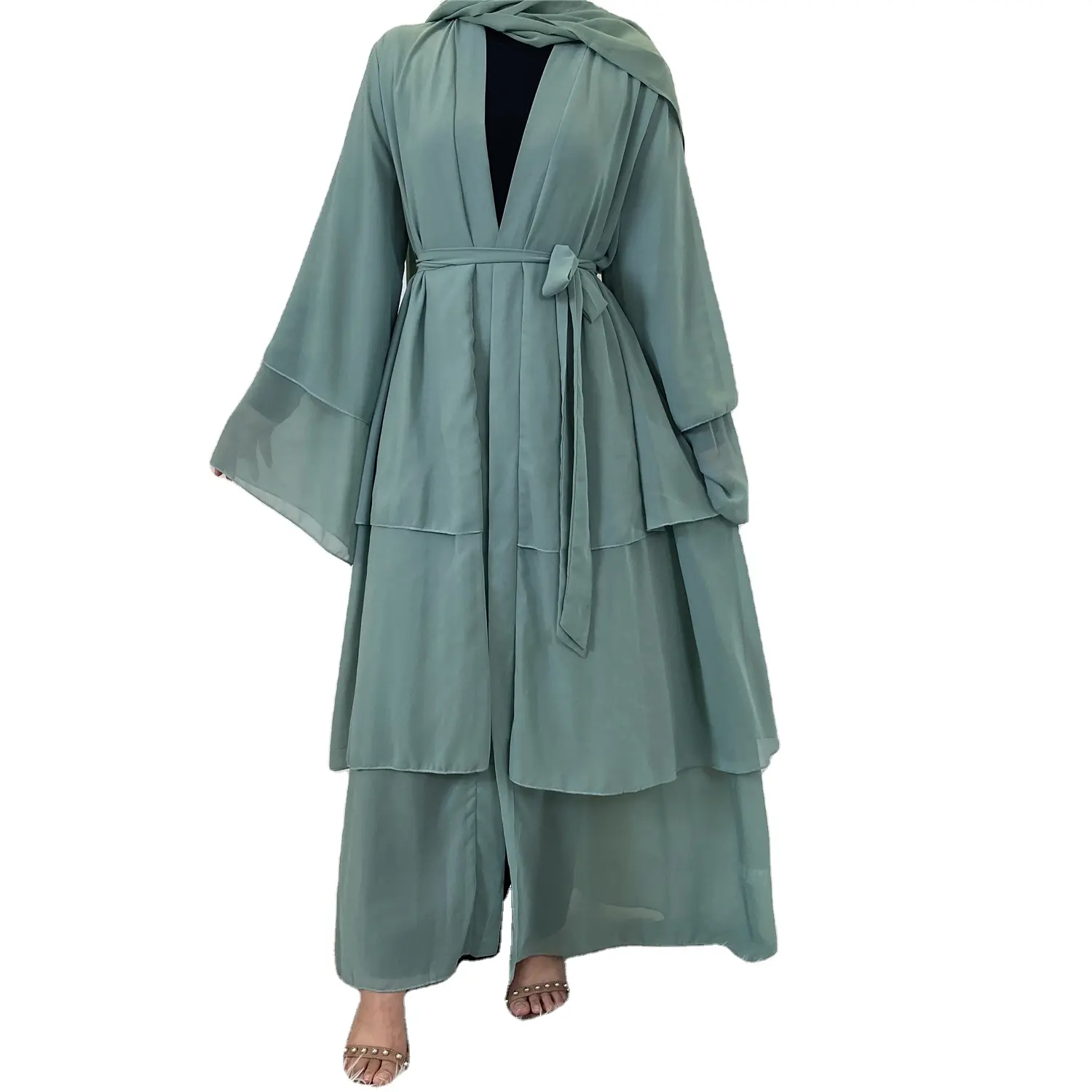 3 katmanlı şifon katı açık Abaya Kimono Dubai türkiye Kaftan hırka müslüman kıyafetleri kadınlar için İslami giyim