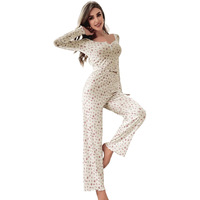 Ensemble pyjama pour femmes, motif floral, col en v, haut à manches longues, pantalon long, adapté aux jeunes femmes, respirant, nouvelle collection automne