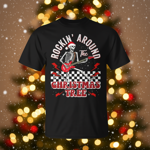 เสื้อยืดคริสต์มาสลายโครงกระดูกพร้อมกีตาร์สำหรับผู้ใหญ่ แขนสั้น คอกลม ธีมร็อคสำหรับงานปาร์ตี้วันหยุด - Product Image 2