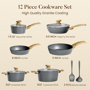 Juego de Ollas y Sartenes de Alta Calidad con Revestimiento de Mármol Moderno, Tapas de Vidrio de Silicona, Asas de Acero Inoxidable, 12 Piezas, Juego de Utensilios de Cocina de Aluminio Forjado - Product Image 2