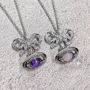 Collar de cadena de eslabones de plata para mujer Empress Dowager Advanced, con lazo de diamantes completos, cuentas de circonita chapadas en oro y diseño de Saturno - Product Image 2