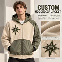 Veste décontractée streetwear pour homme OEM ODM en suède et polaire, avec capuche, fermeture éclair intégrale, manches contrastantes et patch appliqué, coupe ample