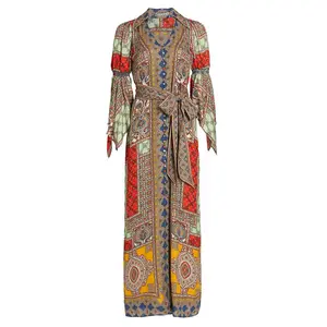 OEM Elegant Block Print Smocked Maxi Chiffon Dresses Vacation Pastoral Vintage Bohemian Dress