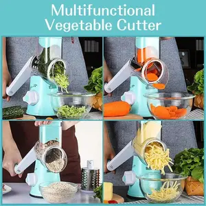 Creative Design 3 In 1 Manual Rotary Cheese Grater Round Mandoline Slicer With Strong Suction Base Onion Cutter Vegetable Slicer