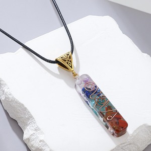 Rainbow Stone Pendant <b>Necklace</b> With Copper Wire Inlay Geometric Design Unisex Fashion Jewelry - Product Image 2
