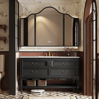 Meuble-lavabo sur pied de style rétro américain avec vasque, armoire en bois massif avec miroir intelligent et rangement pour salles de bain modernes