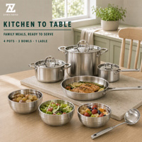 Batterie de cuisine Zhenneng 12 pièces en acier inoxydable, compatible induction, grande capacité, comprenant poêle, casserole à lait, bols et louche à soupe