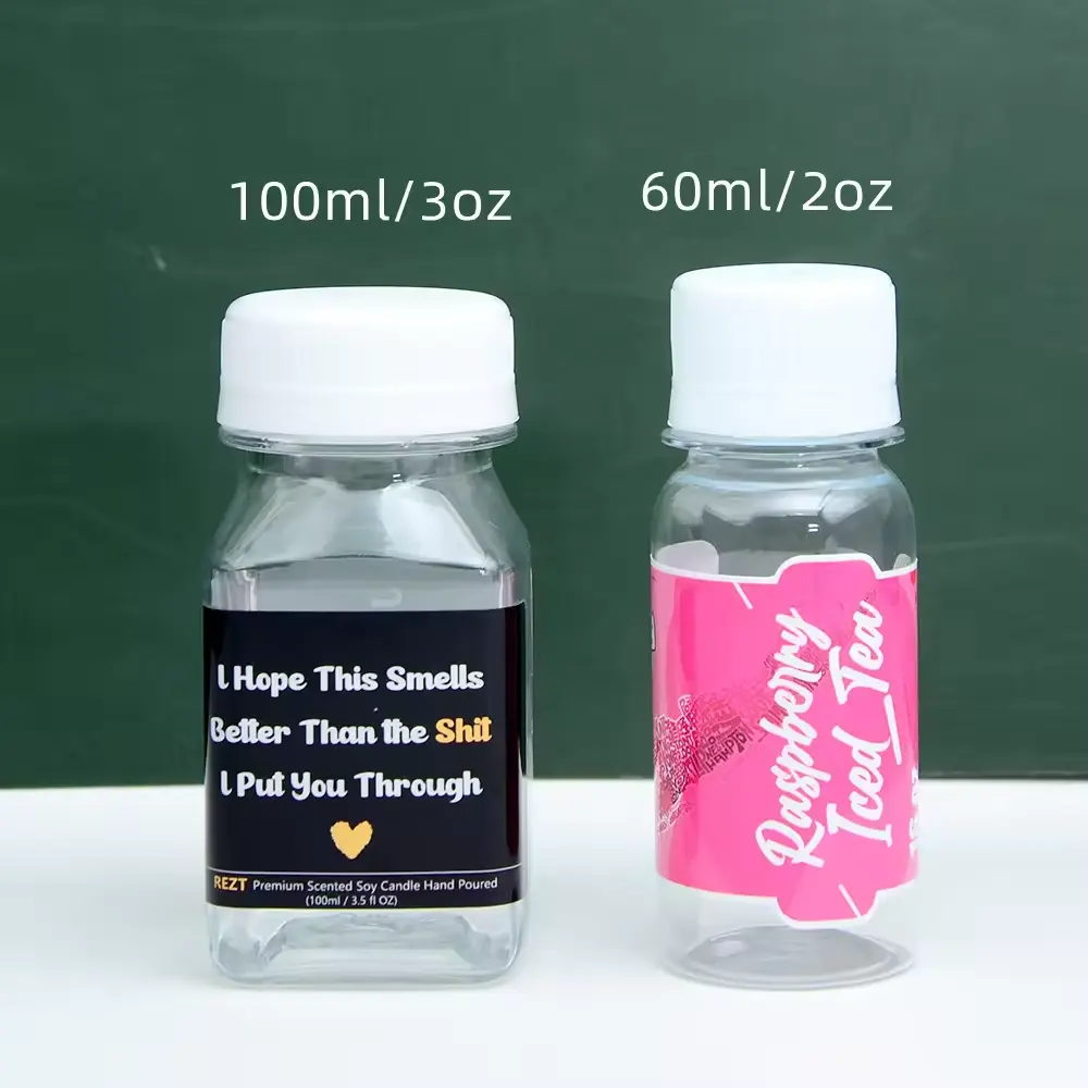 2oz 3oz 4oz 60ml 100ml 120ml bottiglie di succo bottiglia di plastica di zenzero con tappi quadrati per succo spremuto imballaggio di arancia limone