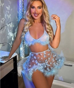 Conjunto de Lencería de Tres Piezas para <span class=keywords><strong>Mujer</strong></span>, de Malla, Encaje y Felpa, Color Morado Mariposa, con Sujetador, Tanga y Espalda Descubierta, Sexy - Product Image 2