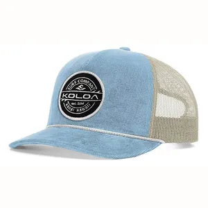 2024 Hot Sell Fashion Design Label Patch Embroidery Unstructured Rope Sky Blue Corduroy Hat