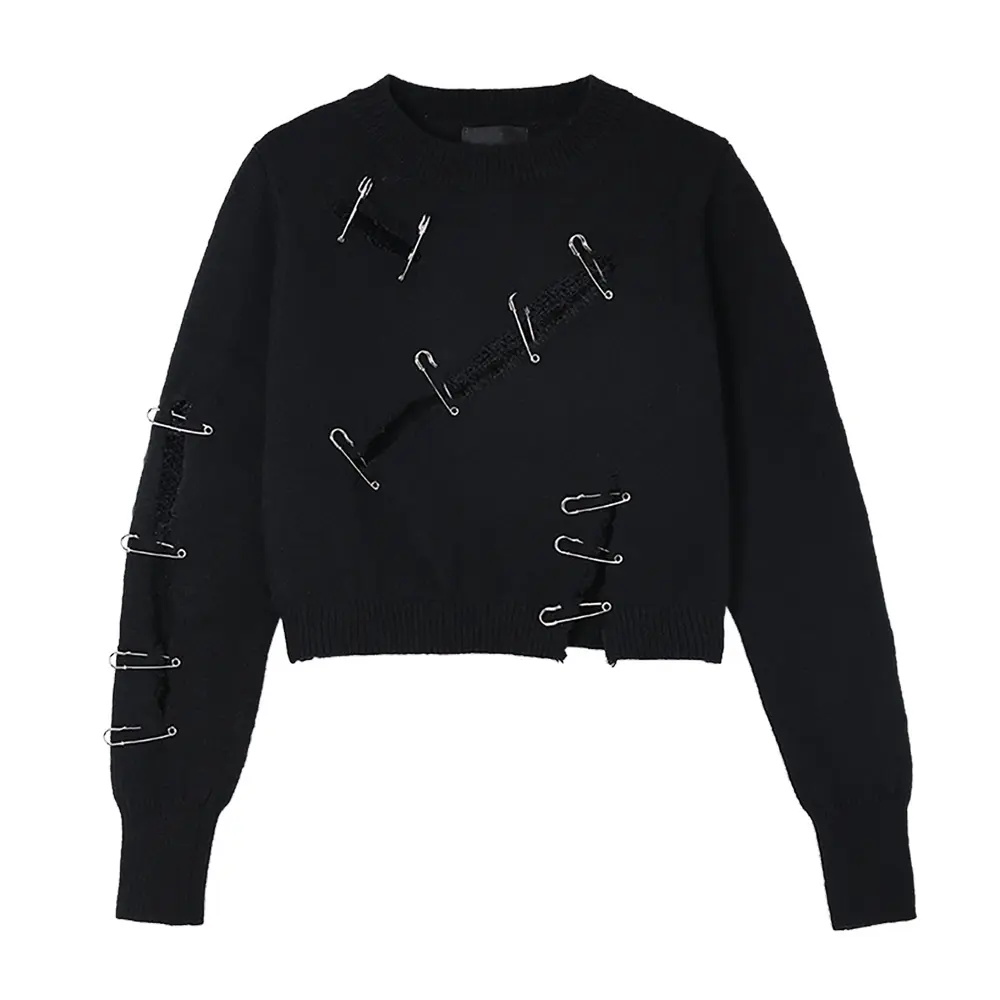 2023 Women Pin Stitching Pullover Sweater Black Color Long Sleeve O Neck Cut Out Knit Sweater