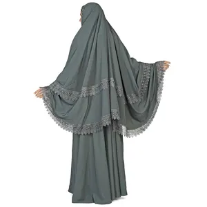 Heiße Frauen Traditionelle Overhead Abaya 2-teiliges Set Spitze Khimar Jilbab Robe Free Size Worship Full cover Kleid