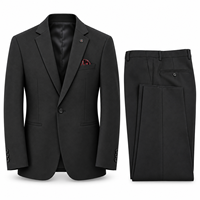 Setelan Jas Pria Hitam 2 Potong Custom MOQ Rendah, Blazer Single Breasted Notch Lapel, Celana Flat Front, untuk Bisnis, Pernikahan, dan Pesta