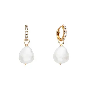 Gemnel Newest 925 Sterling Silver Gold Vermeil Fashion Huggie Pearl Hoop Drop Earrings