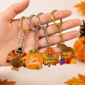 Portachiavi Promozionali per il Ringraziamento, Portachiavi Personalizzati con Tacchino e Zucca, Portachiavi in Metallo per le Festività Autunnali - Product Image 1