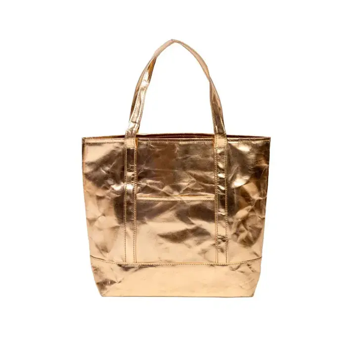 Özel hediye gıda zanaat tote çanta özel metal altın yıkanabilir kraft kağıt torba PU kolu ile
