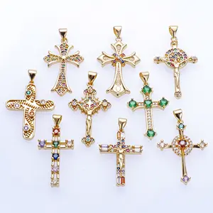 Wholesale Jewelry Oro Laminado 18k Colgante De Cruz Christian Religion Jesus Colorful Zircon Diamond Casting Cross Pendants