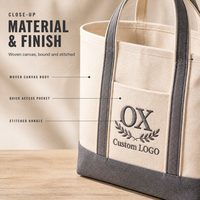 Sac fourre-tout en toile avec logo personnalisé, poche avant et bordure grise, sac de shopping réutilisable pour la vente au détail et l'emballage de cadeaux