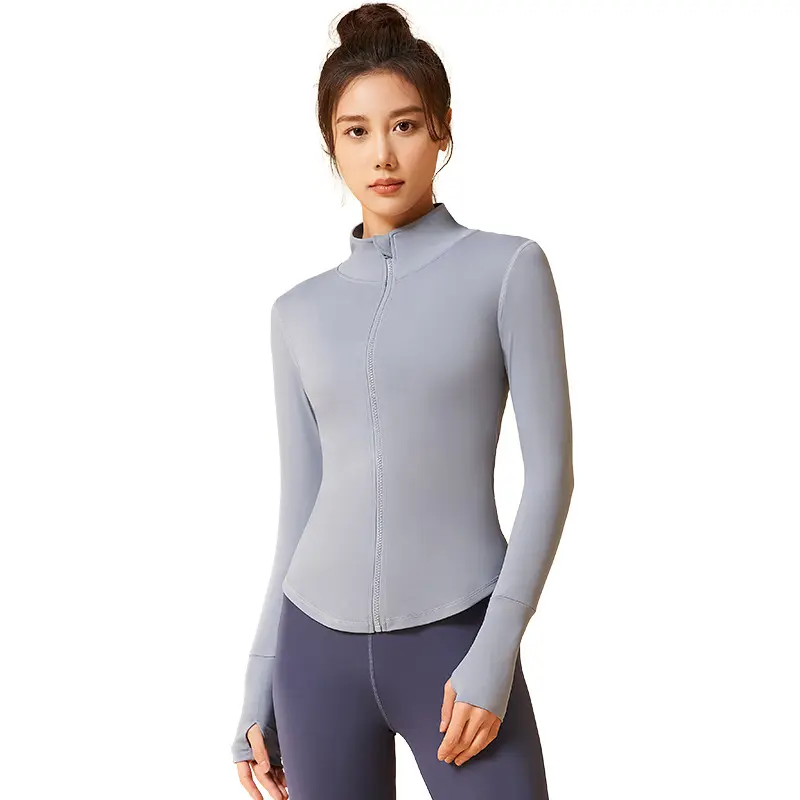 Wholesale Slim Fit Long Sleeve Yoga Jackets Gym Running Lightweight Coat Zip Up Thumb Hole Stand Collar Women Sports Jacket