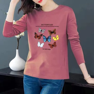 Women's Printed Long Sleeve T-Shirt Yellow Butterfly Design Breathable Milk Silk Knitted <b>Top</b> For Spring Autumn Plus Size Mother - Product Image 3