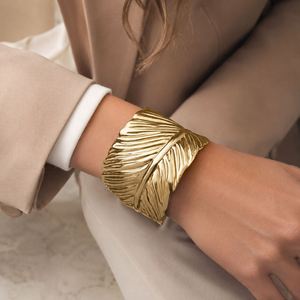 New Trendy Gold Plated Punk Style Feather Big Circle Open Cuff Bangle <b>Boho</b> <b>Bracelet</b> Set for Women Jewelry - Product Image 3