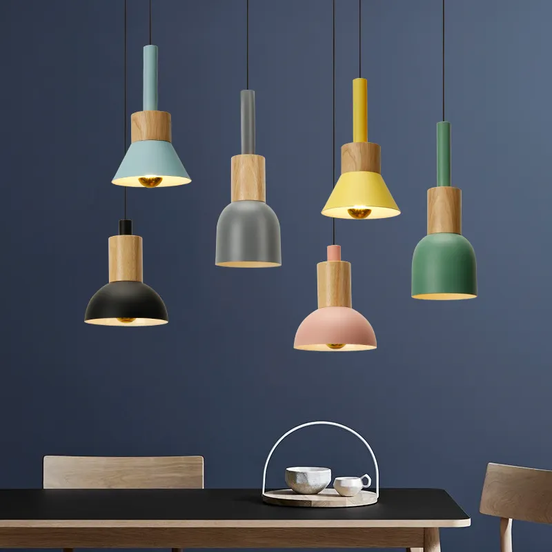 Modern Colorful Metal Wooden Hanging Light Fixture Single Head Pendent Bedroom Home Hotel Iron Pendant Led Light