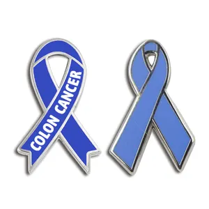 Custom Logo New Design Safety Brooch Lapel Badge Metal Blue Ribbon Hard Enamel Colon Cancer Awareness Pin