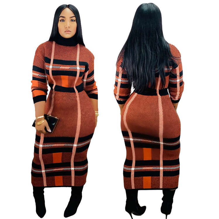 2020 de las mujeres de punto de cuello alto plaid vestido bodycon damas ropa casual